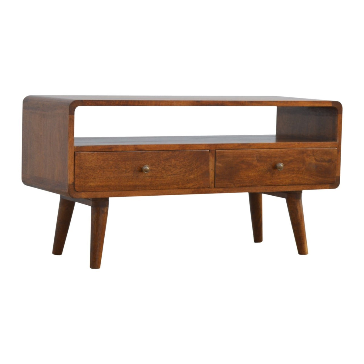 Curved Mango Wood TV Unit with 2 Drawers, Chestnut, 90 cm