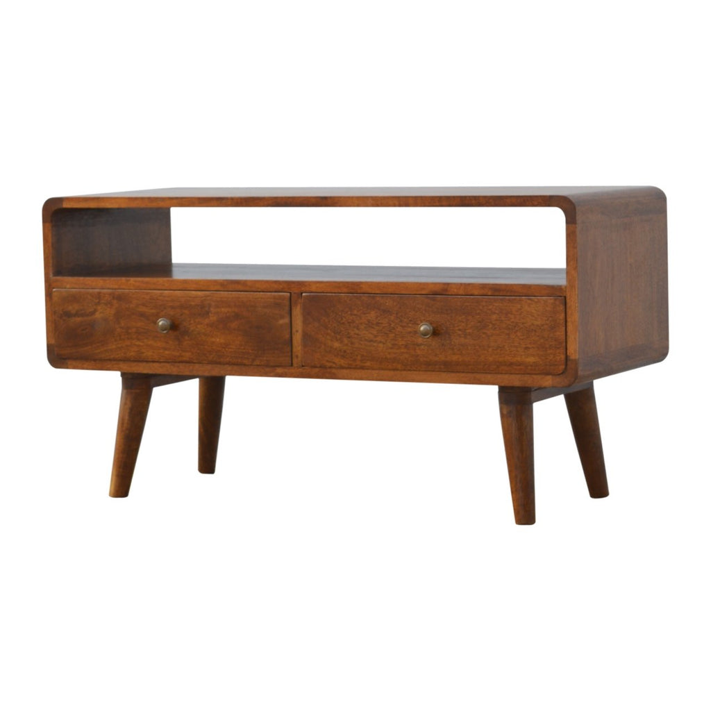 Curved Mango Wood TV Unit with 2 Drawers, Chestnut, 90 cm