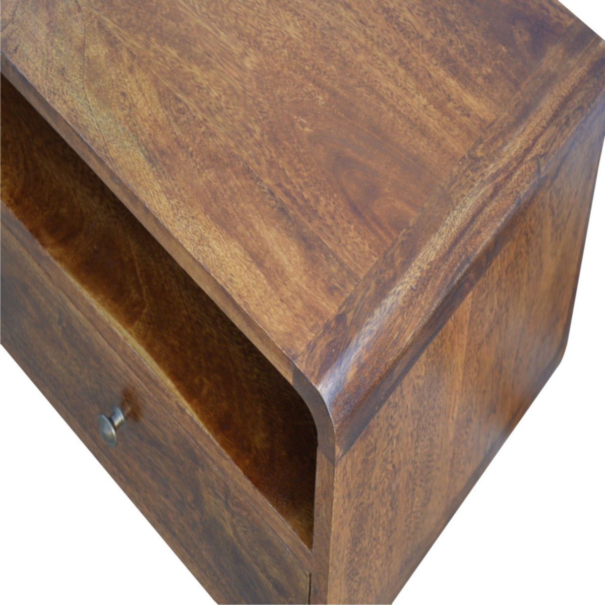 Curved Mango Wood TV Unit with 2 Drawers, Chestnut, 90 cm