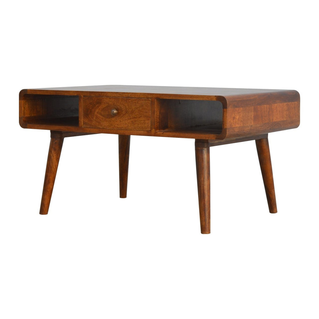 Curved Mango Wood Coffee Table with Drawers, Chestnut, 85 cm