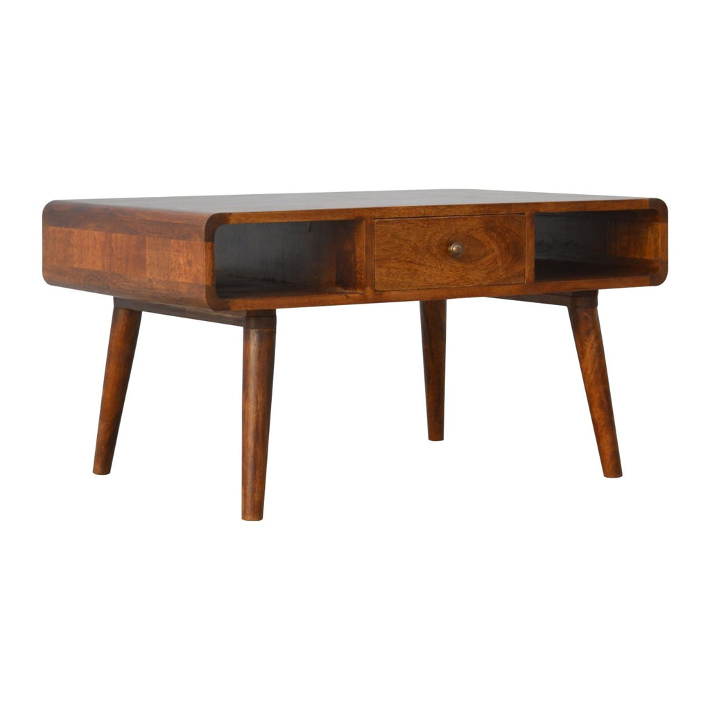 Curved Mango Wood Coffee Table with Drawers, Chestnut, 85 cm