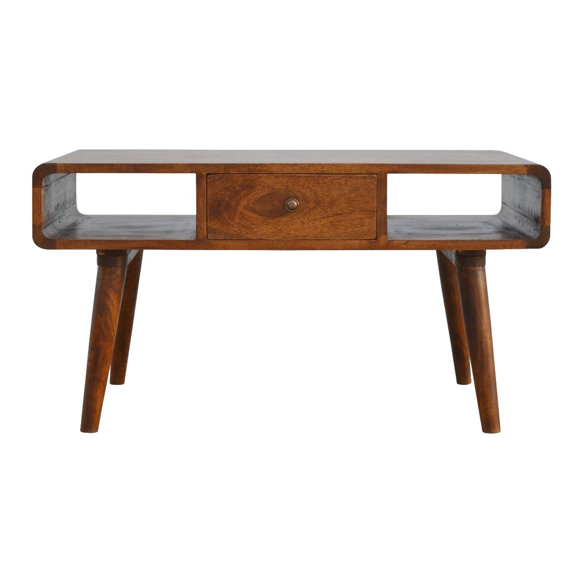 Curved chestnut mango wood coffee table with drawers