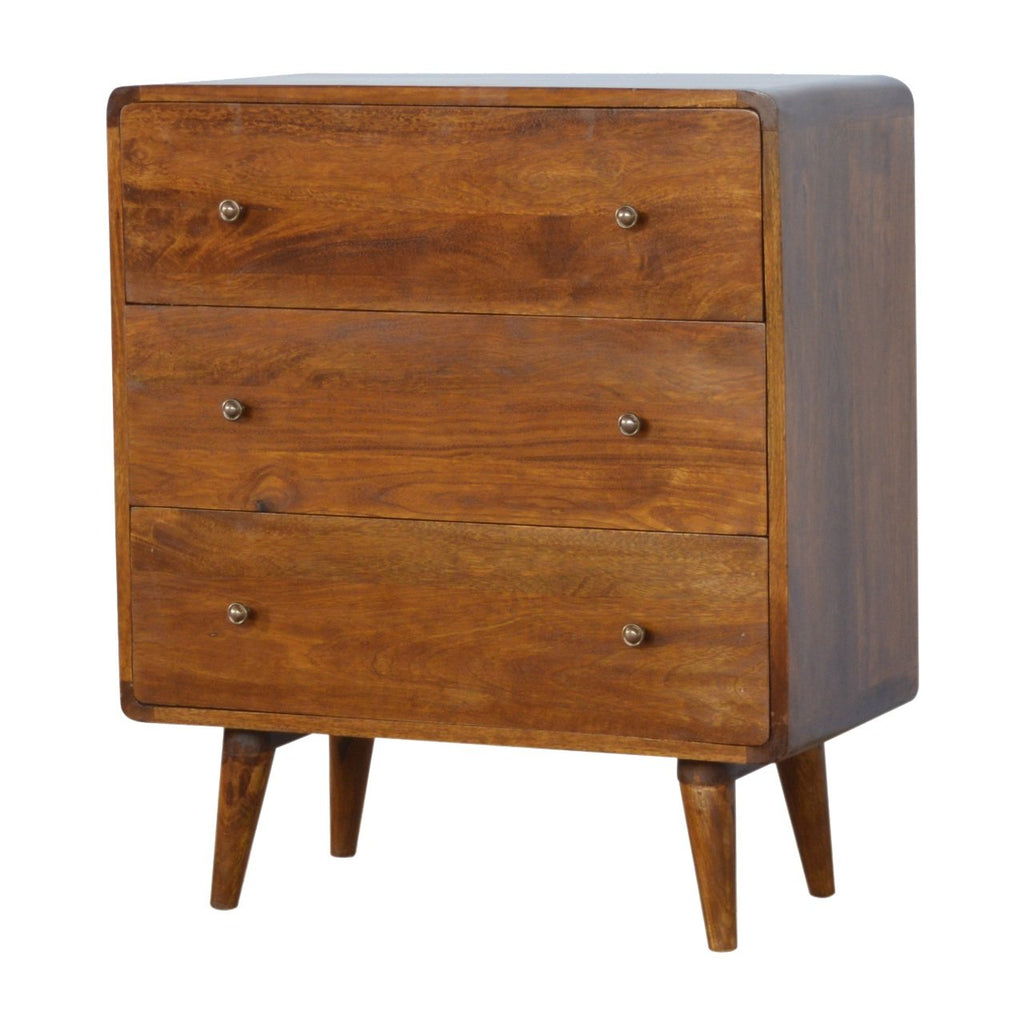 Curved Mango Wood Chest of 3 Drawers, Chestnut, 70 cm