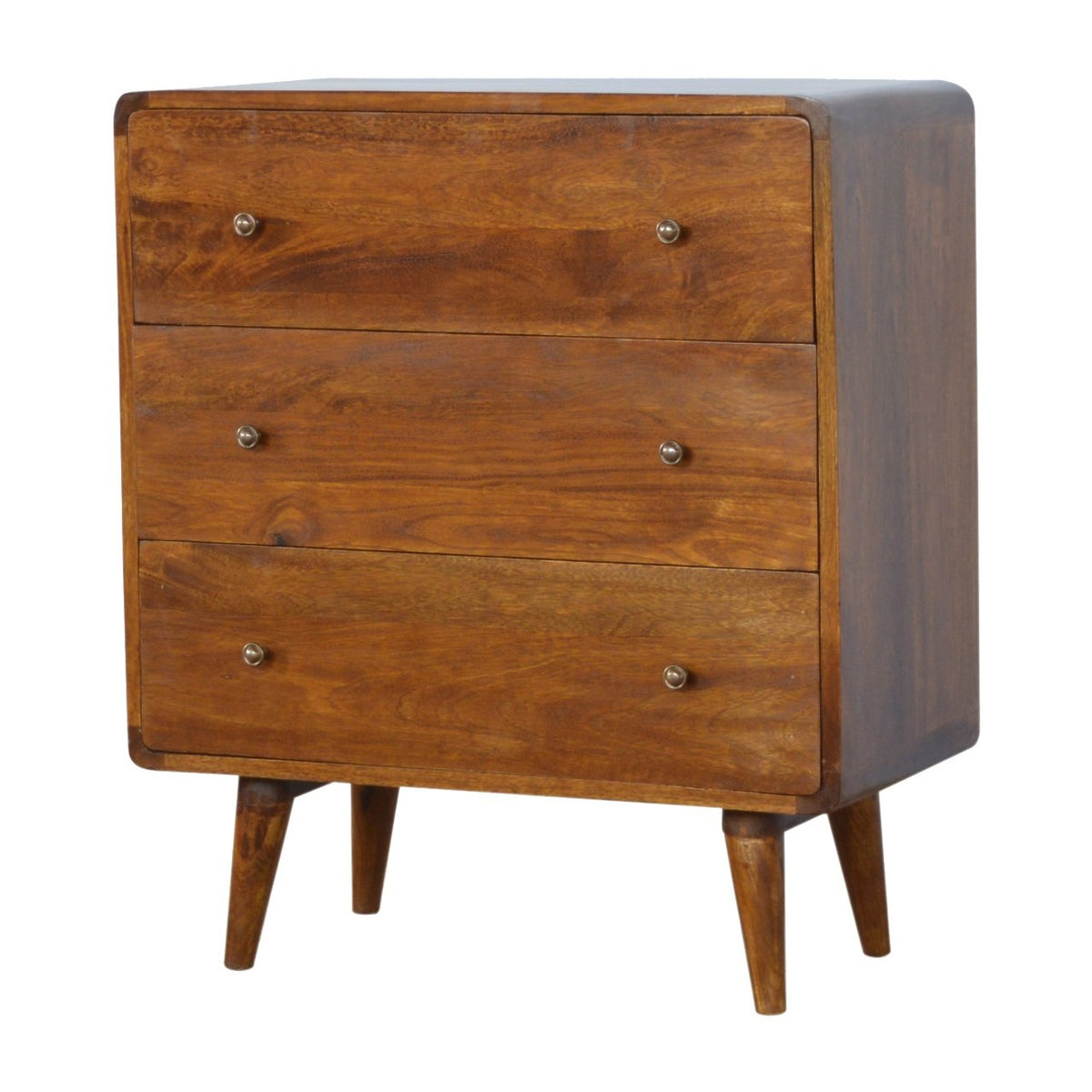 Curved Mango Wood Chest of 3 Drawers, Chestnut, 70 cm