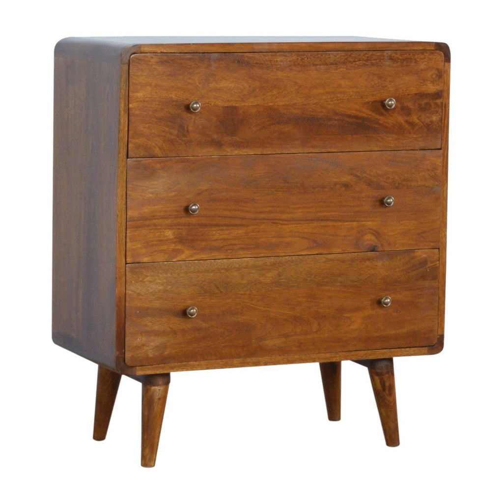 Curved Mango Wood Chest of 3 Drawers, Chestnut, 70 cm
