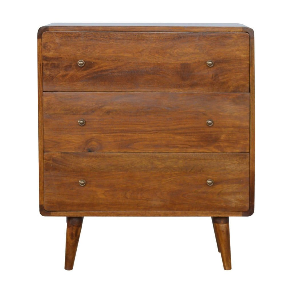 Curved Mango Wood Chest of 3 Drawers, Chestnut, 70 cm