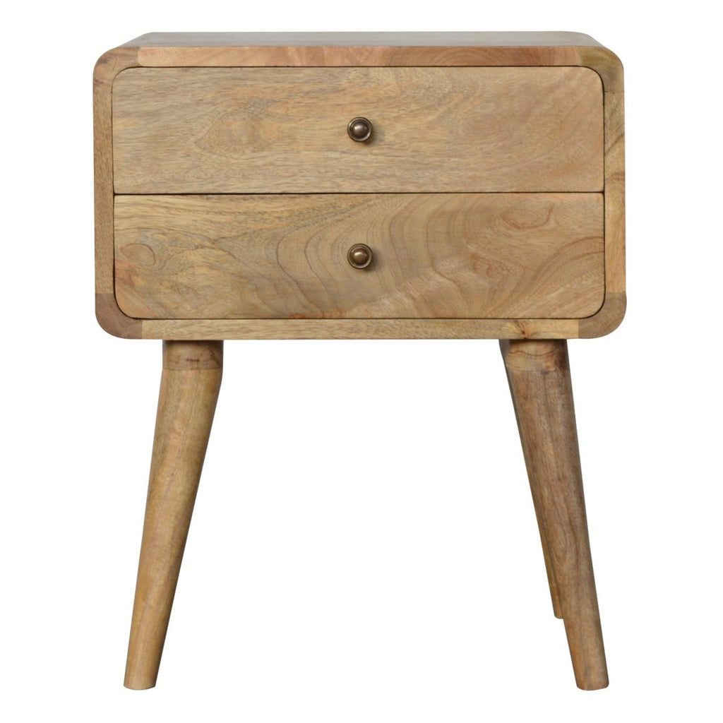 Curved oak finish mango wood bedside table with 2 drawers