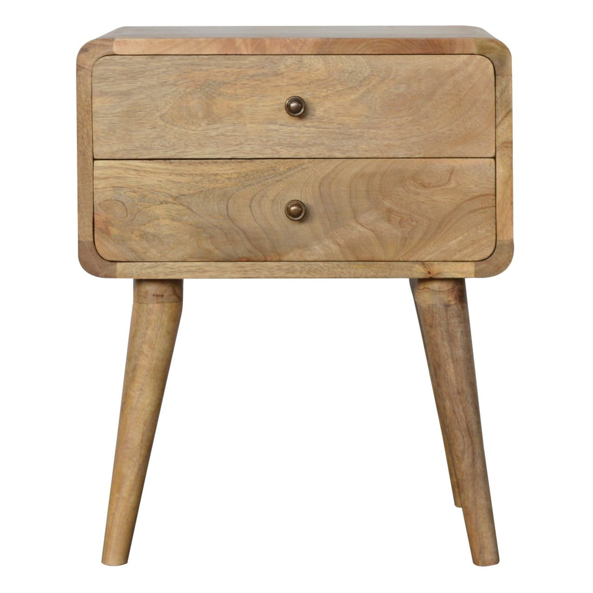 Curved oak finish mango wood bedside table with 2 drawers