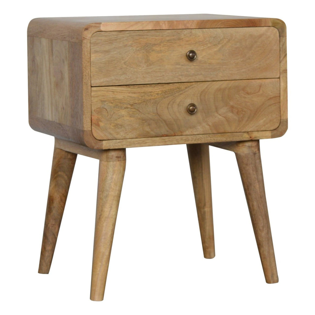 Curved Mango Wood Bedside Table with 2 Drawers, Oak Finish
