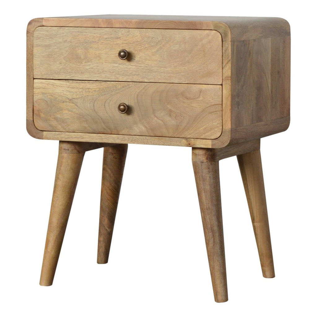 Curved Mango Wood Bedside Table with 2 Drawers, Oak Finish