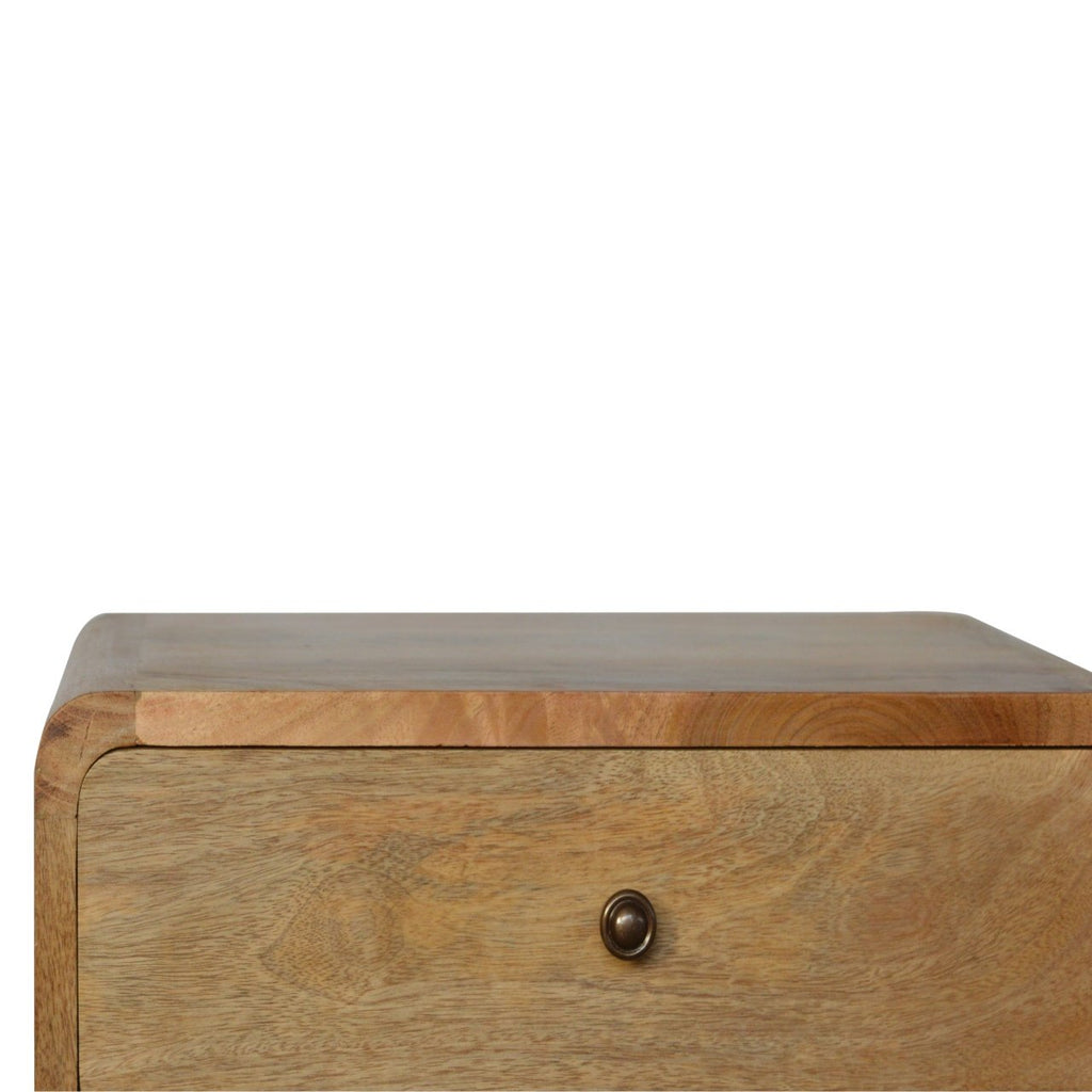 Curved Mango Wood Bedside Table with 2 Drawers, Oak Finish
