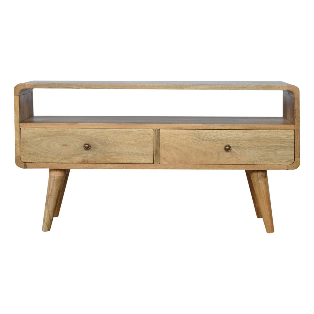 Curved oak finish mango wood TV unit with 2 drawers