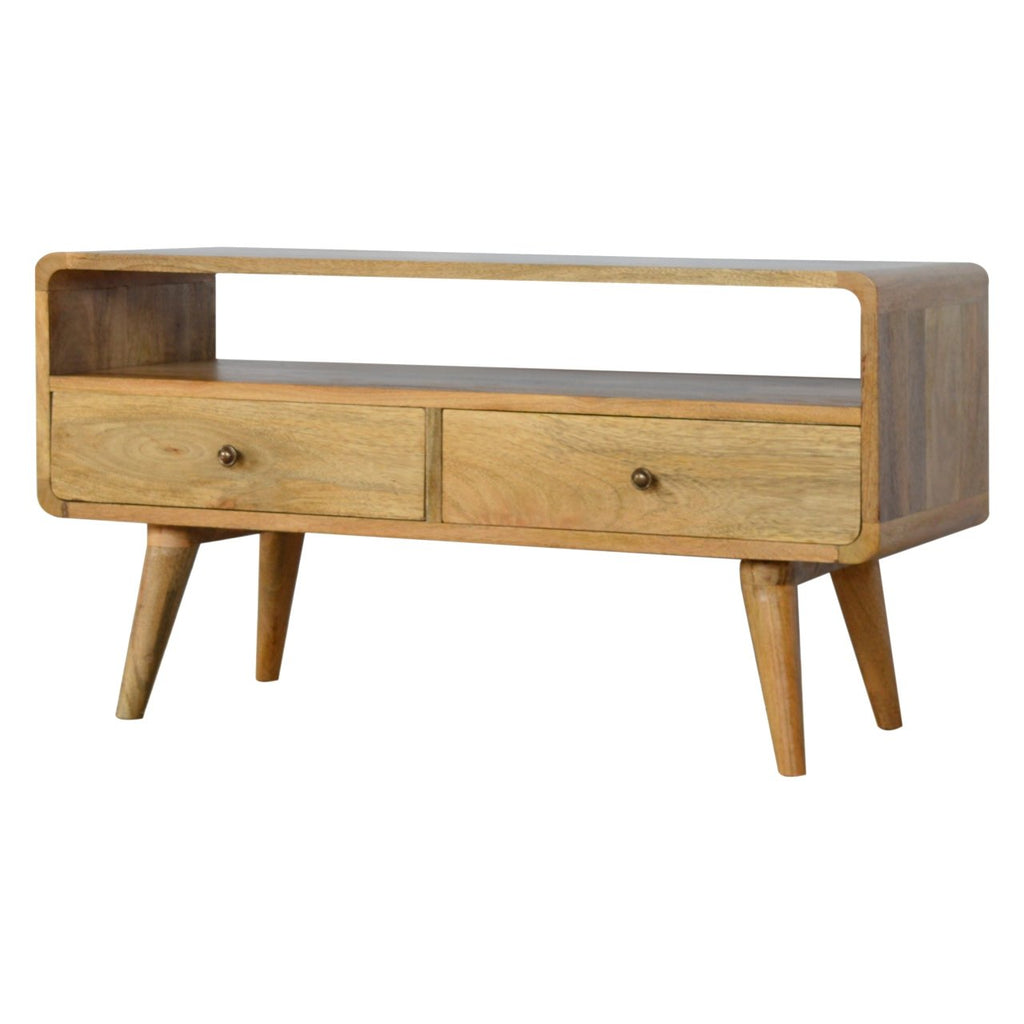 Curved Mango Wood TV Unit with 2 Drawers, Oak Finish, 90 cm