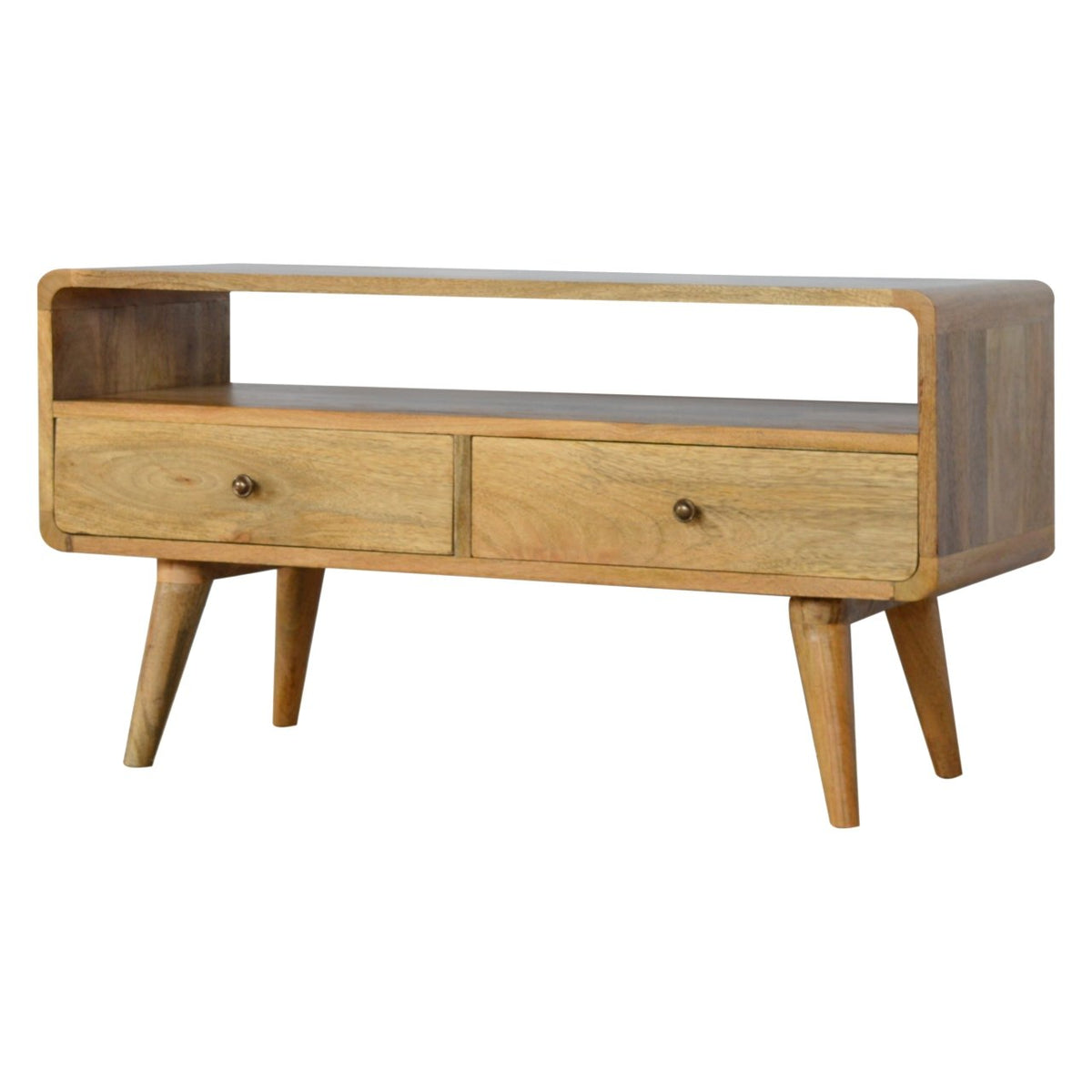 Curved Mango Wood TV Unit with 2 Drawers, Oak Finish, 90 cm