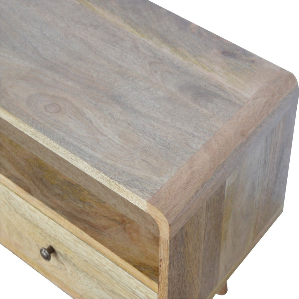 Curved Mango Wood TV Unit with 2 Drawers, Oak Finish, 90 cm