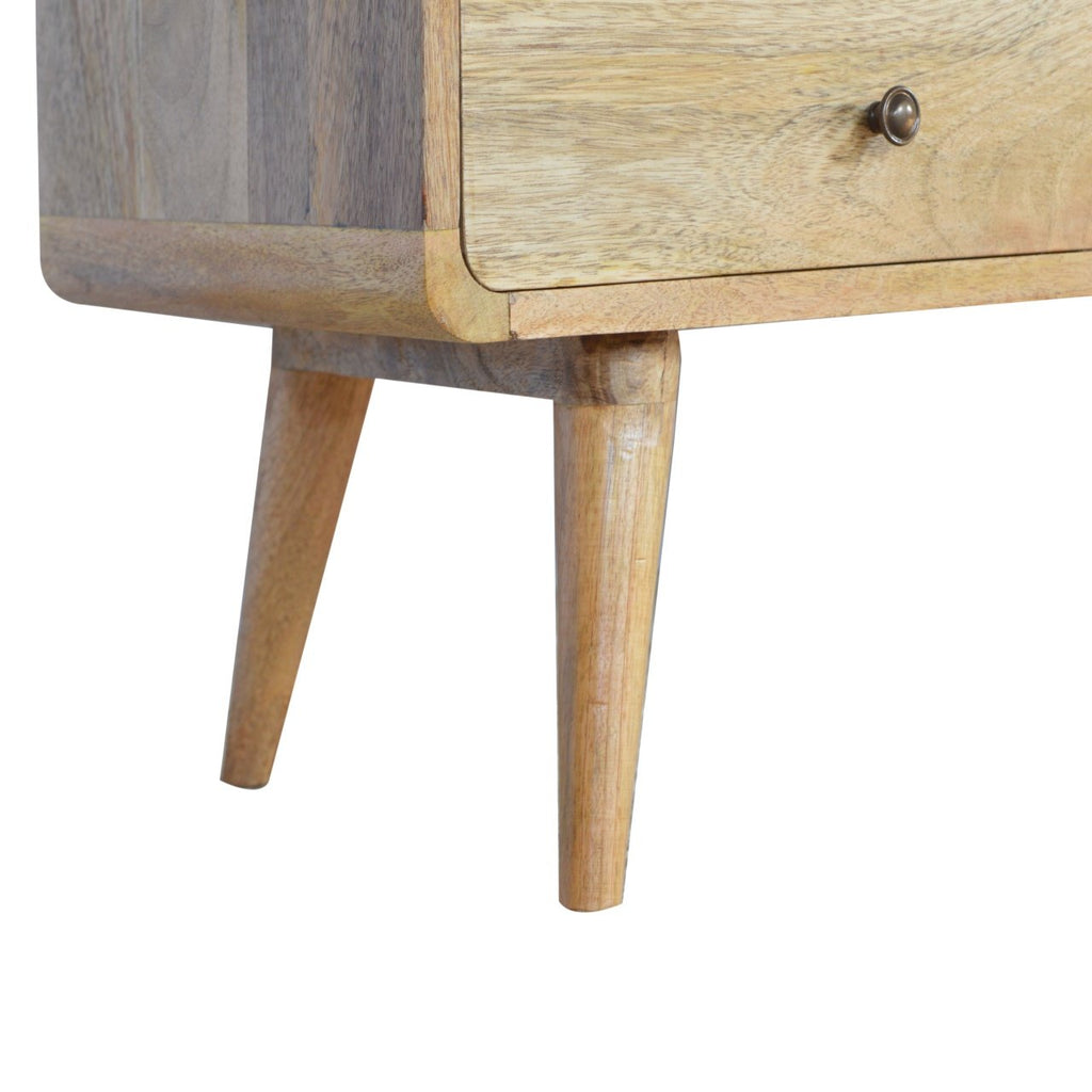 Curved Mango Wood TV Unit with 2 Drawers, Oak Finish, 90 cm