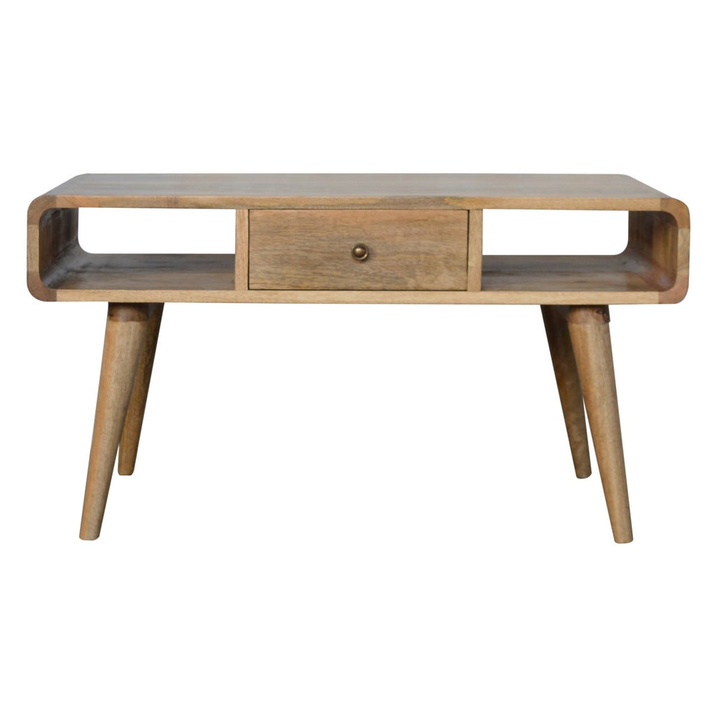 Curved oak finish mango wood coffee table with drawers