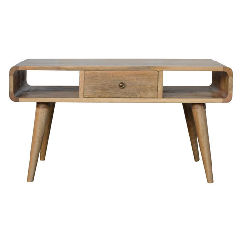 Curved oak finish mango wood coffee table with drawers