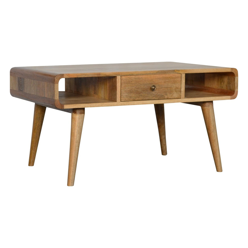 Curved Mango Wood Coffee Table with Drawers, Oak Finish, 85 cm