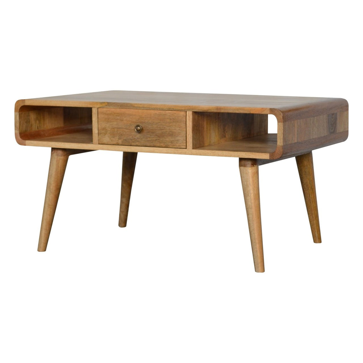 Curved Mango Wood Coffee Table with Drawers, Oak Finish, 85 cm
