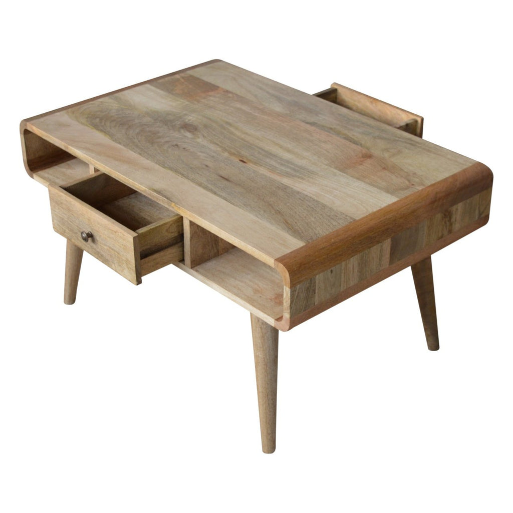 Curved Mango Wood Coffee Table with Drawers, Oak Finish, 85 cm