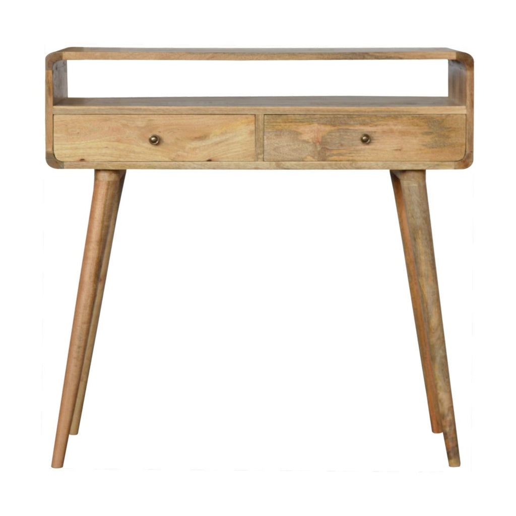 Curved Mango Wood Console Table with 2 Drawers, Oak Finish, 90 cm