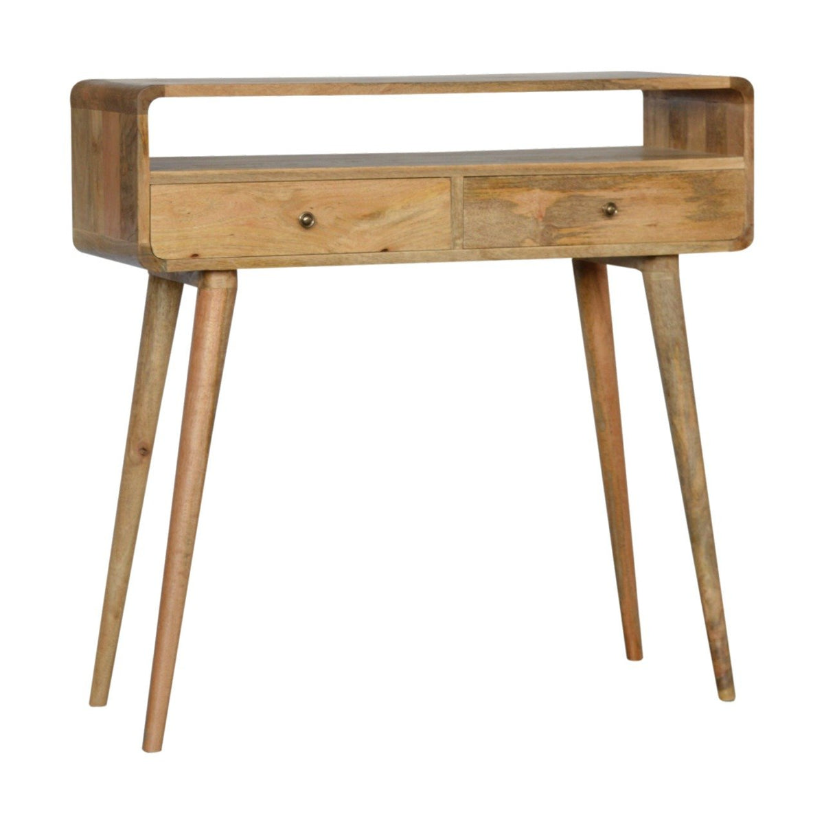 Curved Mango Wood Console Table with 2 Drawers, Oak Finish, 90 cm