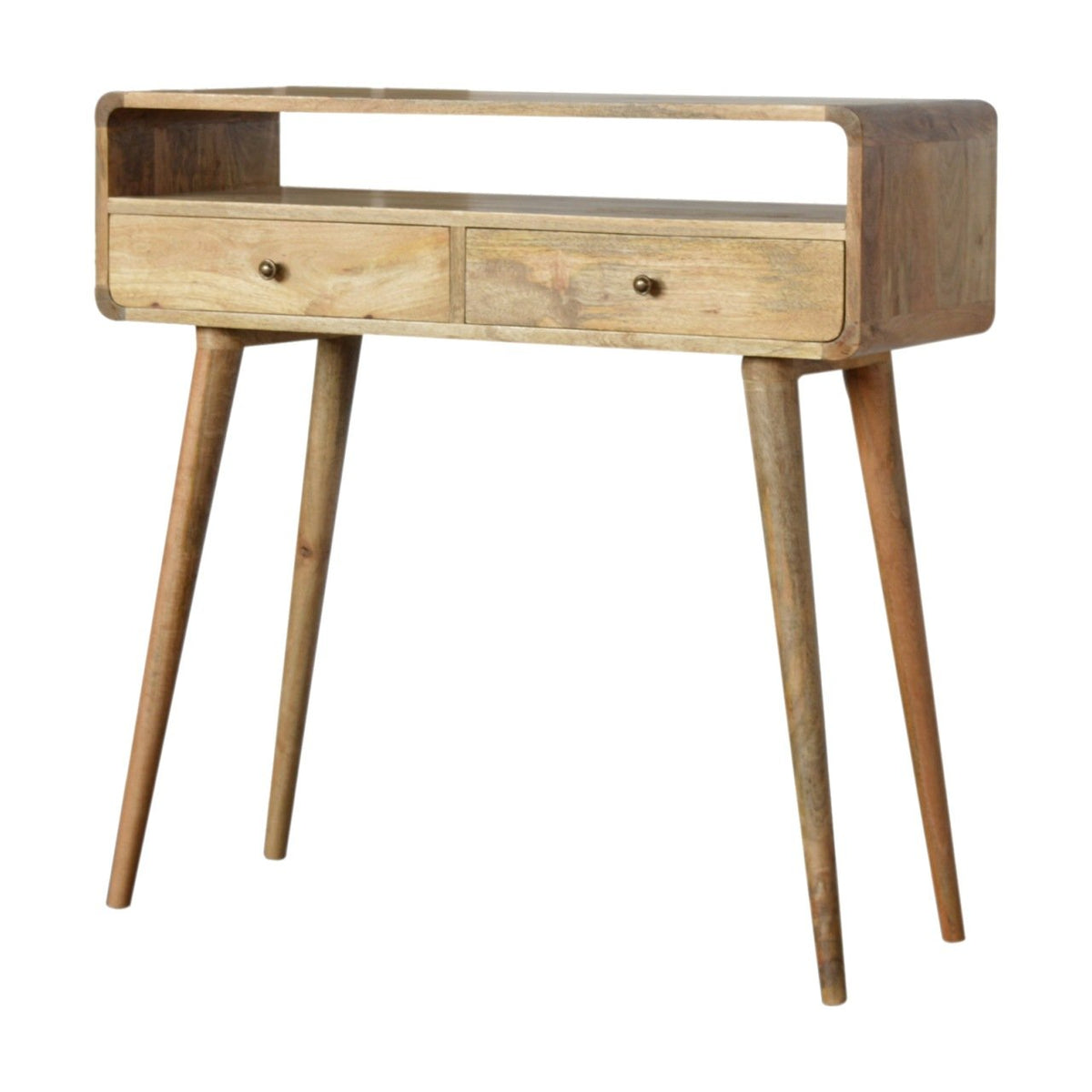 Curved Mango Wood Console Table with 2 Drawers, Oak Finish, 90 cm