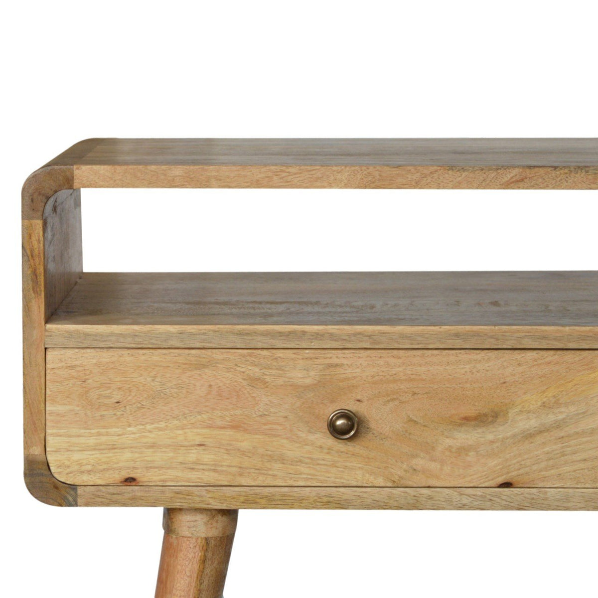 Curved Mango Wood Console Table with 2 Drawers, Oak Finish, 90 cm